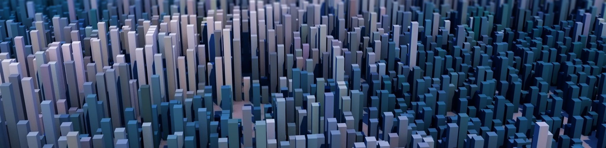 3D render of an abstract landscape of cubes with depth of field